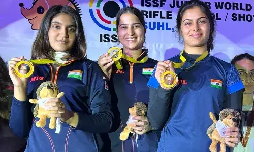 Esha Singh, Rhythm Sangwan and Manu Bhaker