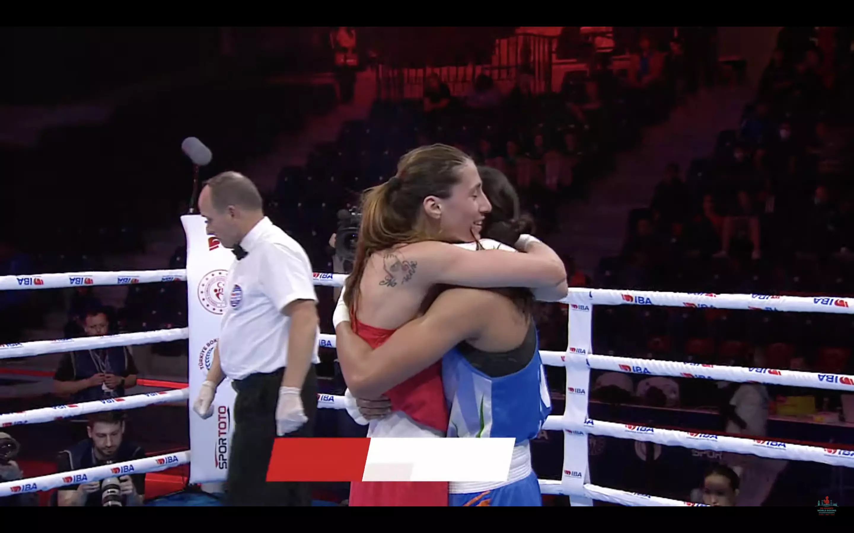 Irma Testa shares a hug with Manisha after the win