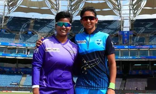 Velocity captain Deepti Sharma (left) and Supernovas captain Harmanpreet Kaur at the Womens T20 Challenge