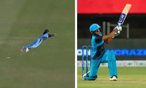 Harmanpreet Kaur flies into the air to take Shafali Vermas catch (right), Kaur during her 71-run knock in the first inning of the Supernovas vs Velocity match