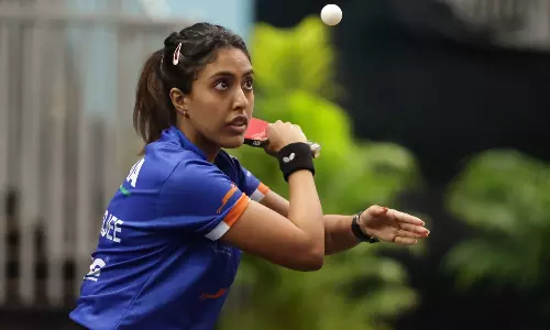 Ayhika Mukherjee in action during the WTT Singapore Grand Smash tournament