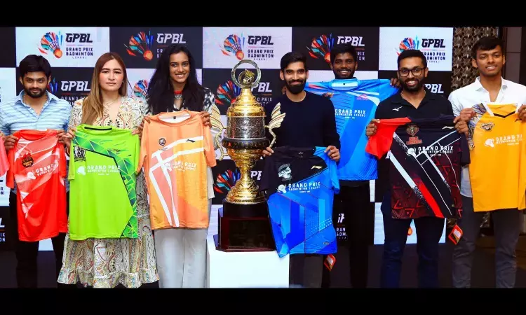 Sai Praneeth (from left), Jwala Gutta, PV Sindhu, Kidambi Srikanth, Satwiksairaj Rankireddy, HS Prannoy and Chirag Shetty at the Grand Prix Badminton League launch