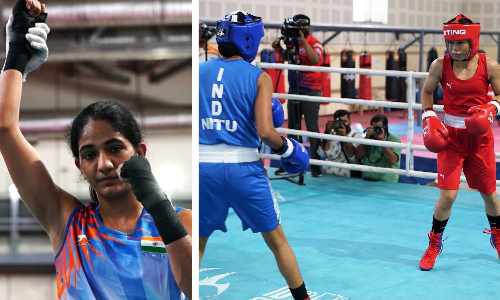 Nitu (left) and action moments from the Nitu vs Mary Kom (in red) bout on Day 2 of the CWG trials at the IG Stadium, New Delhi (Source: BFI)