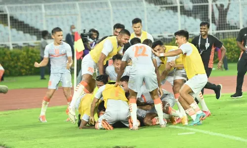 The Indian football team rejoices after defeating Afghanistan 2-1 (Source: AIFF)