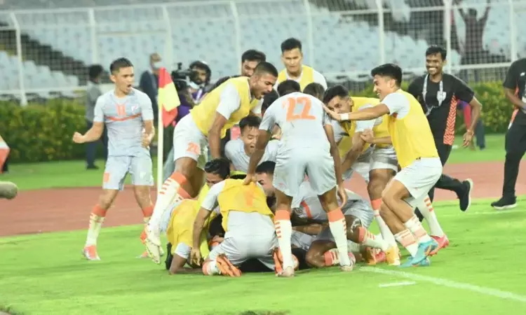 The Indian football team rejoices after defeating Afghanistan 2-1 (Source: AIFF)