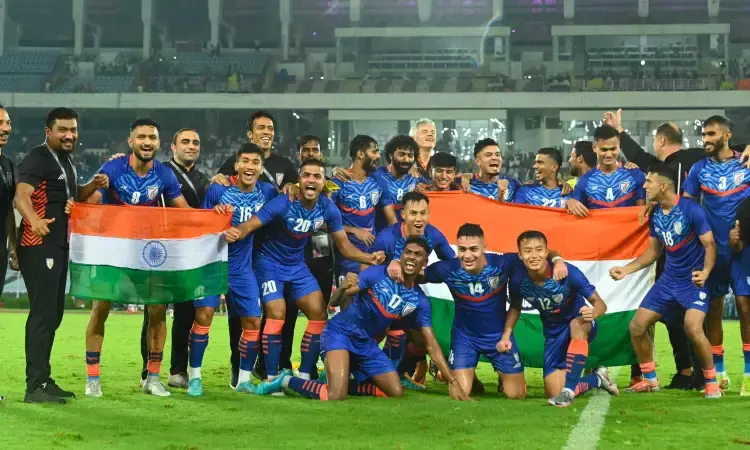 The jubilant Indian football team after winning their match against Hong Kong at the AFC Asian Cup Qualifiers in Kolkata
