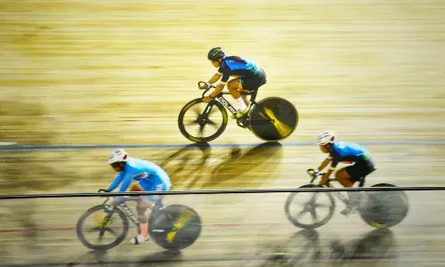 Riders practise in the IG Stadium velodrome ahead of the Asian Track Cycling Championships 2022 (Source: IANS/Wasim Sarvar)