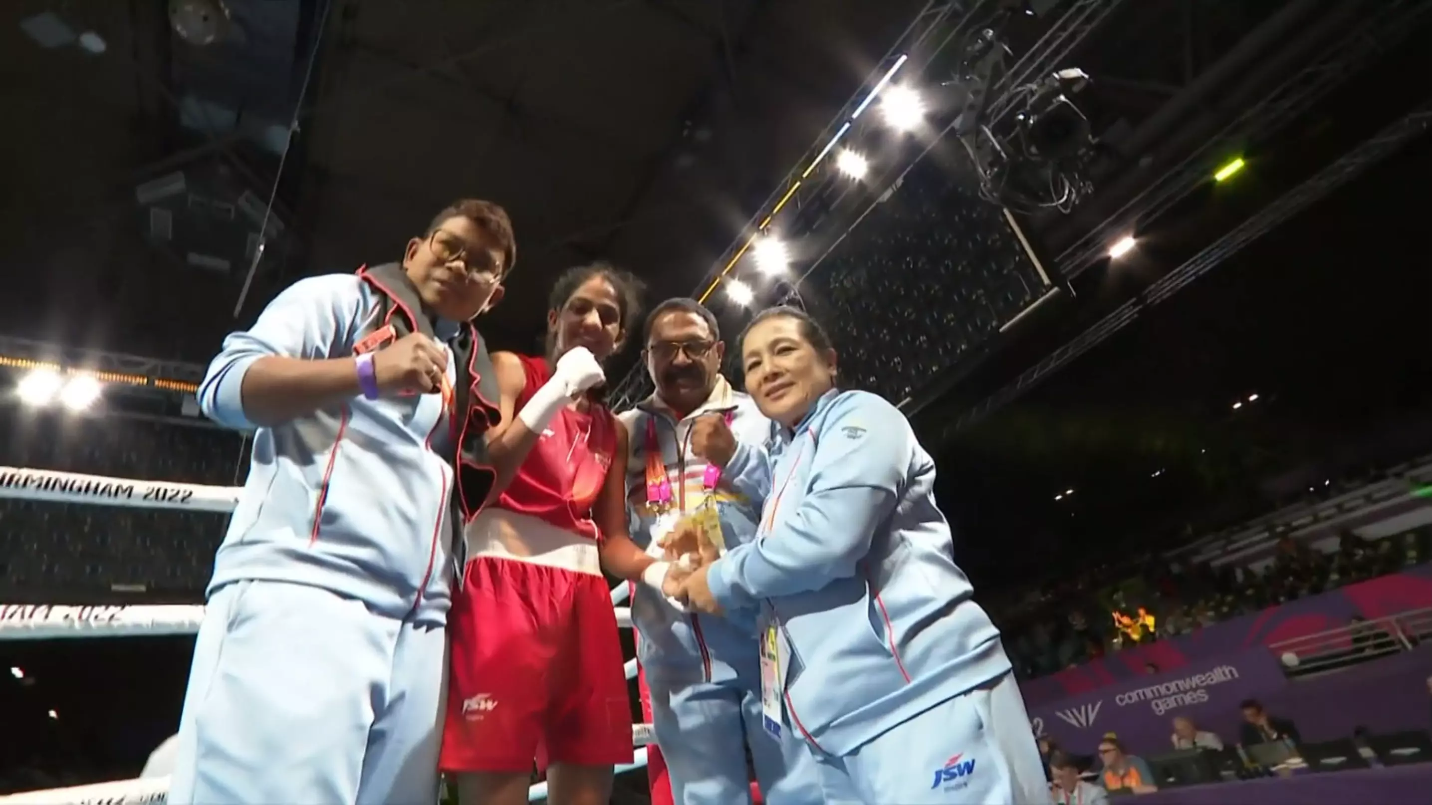 Nitu with her coaching staff after her gold medal-winning bout. (Credits- Sony)