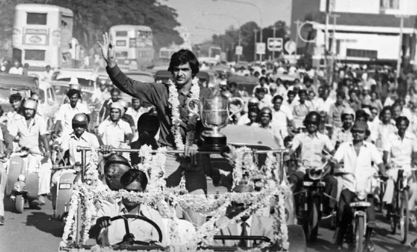 Prakash Padukone at the ticker-tape parade in Bangalore after his All England win in 1980