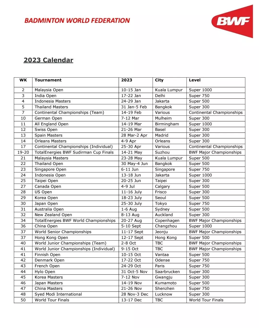 BWF calendar for 2023