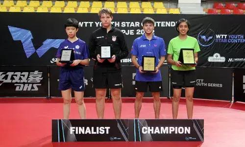 Yashaswini Ghorpade (right-most) and partner Oscar Birriel with the winners trophy at WTT Youth Star Contender Skopje