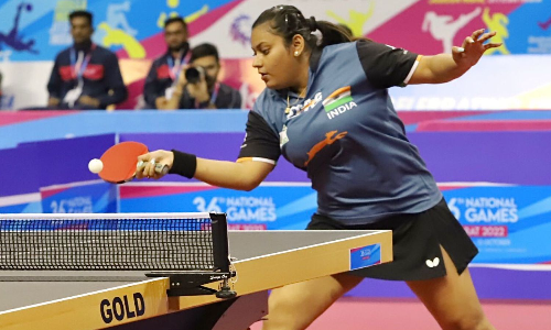 Sutirtha Mukherjee in action during her womens singles final at the National Games