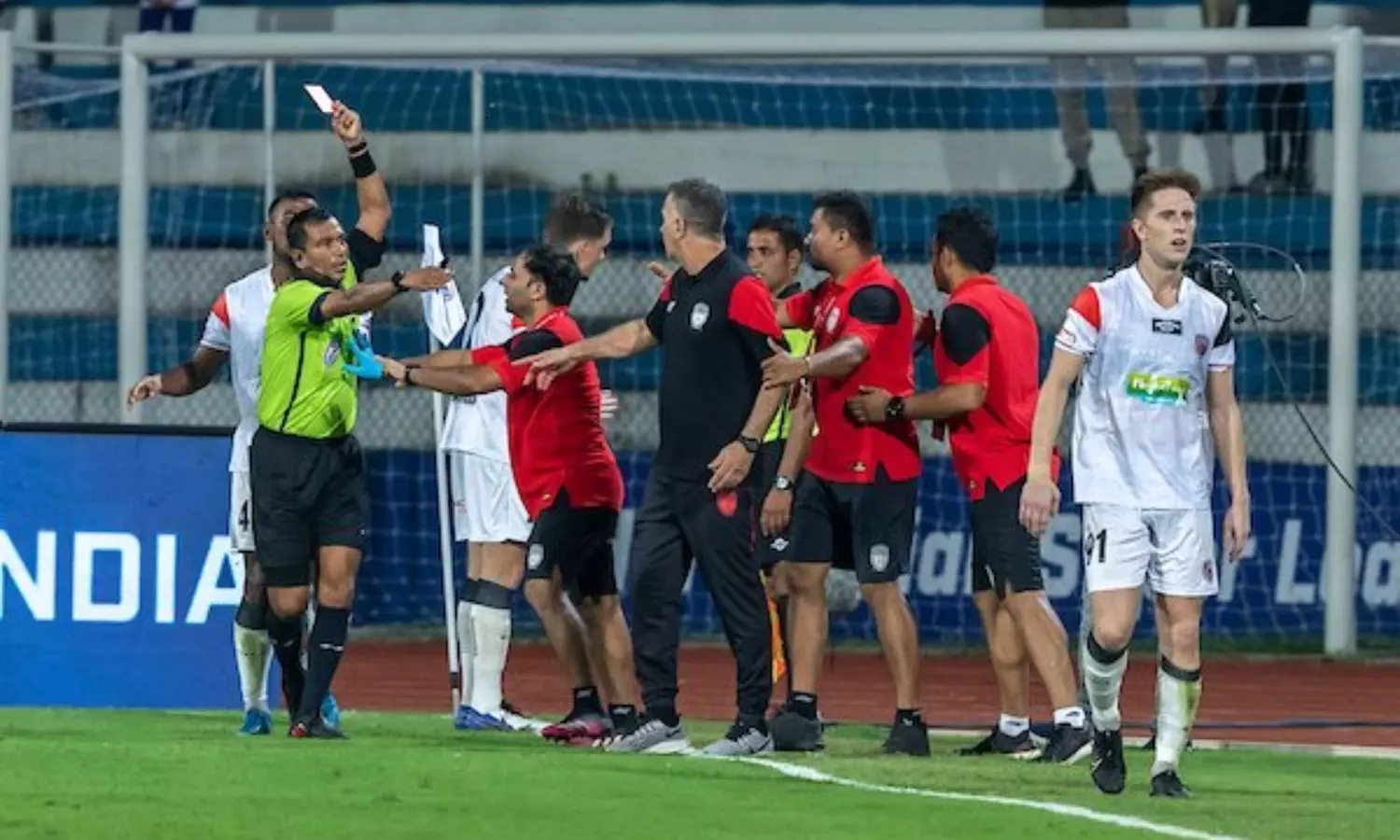 Photo: NorthEast United FC Manager Marcos Balbul was shown a red card in ISL Bengaluru FC VS NorthEast United FC