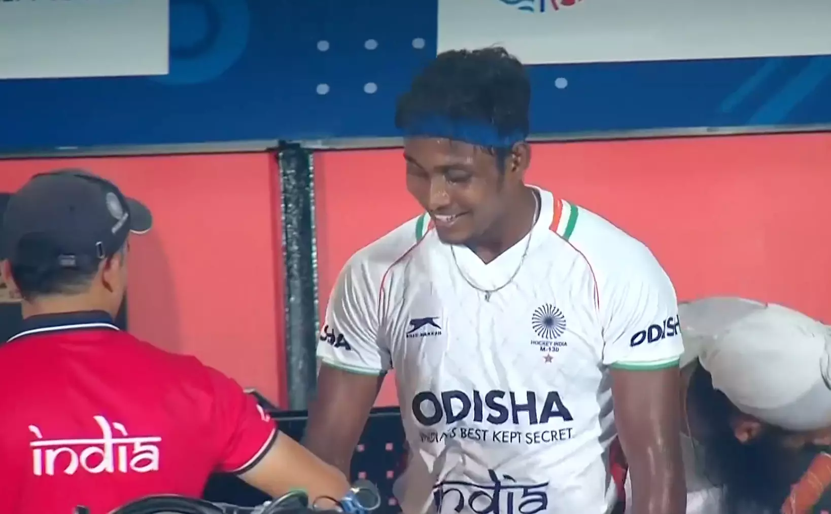 Karthi Selvam is congratulated in the Indian dugout after scoring his second goal of the match (Screenshot)