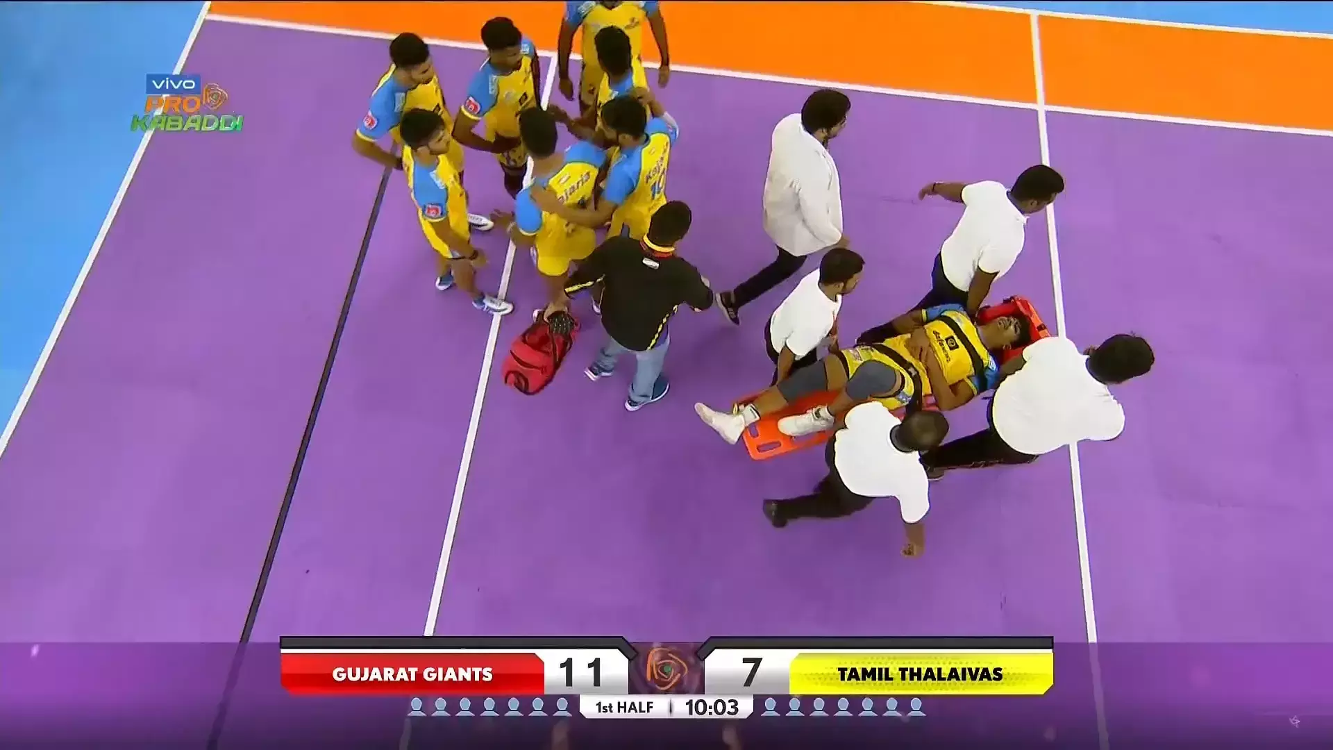 Pawan was stretchered out after suffering a knee injury against Gujarat Giants.