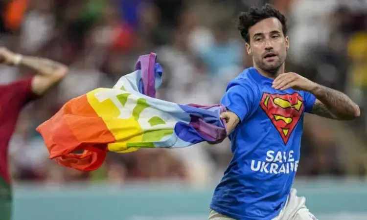 Italian protester Mario Ferri with rainbow flag banned from World Cup matches Italian protester Mario Ferri with rainbow flag banned from World Cup matches