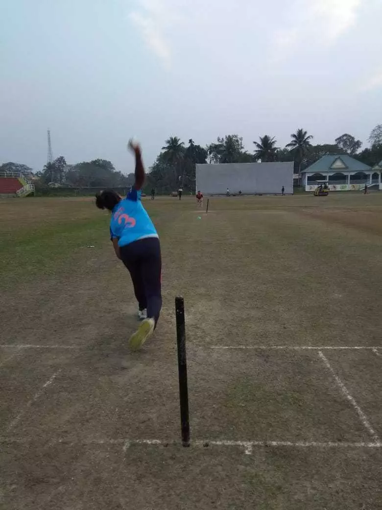 Jintimani Kalita bowls at the Mangaldai cricket academy