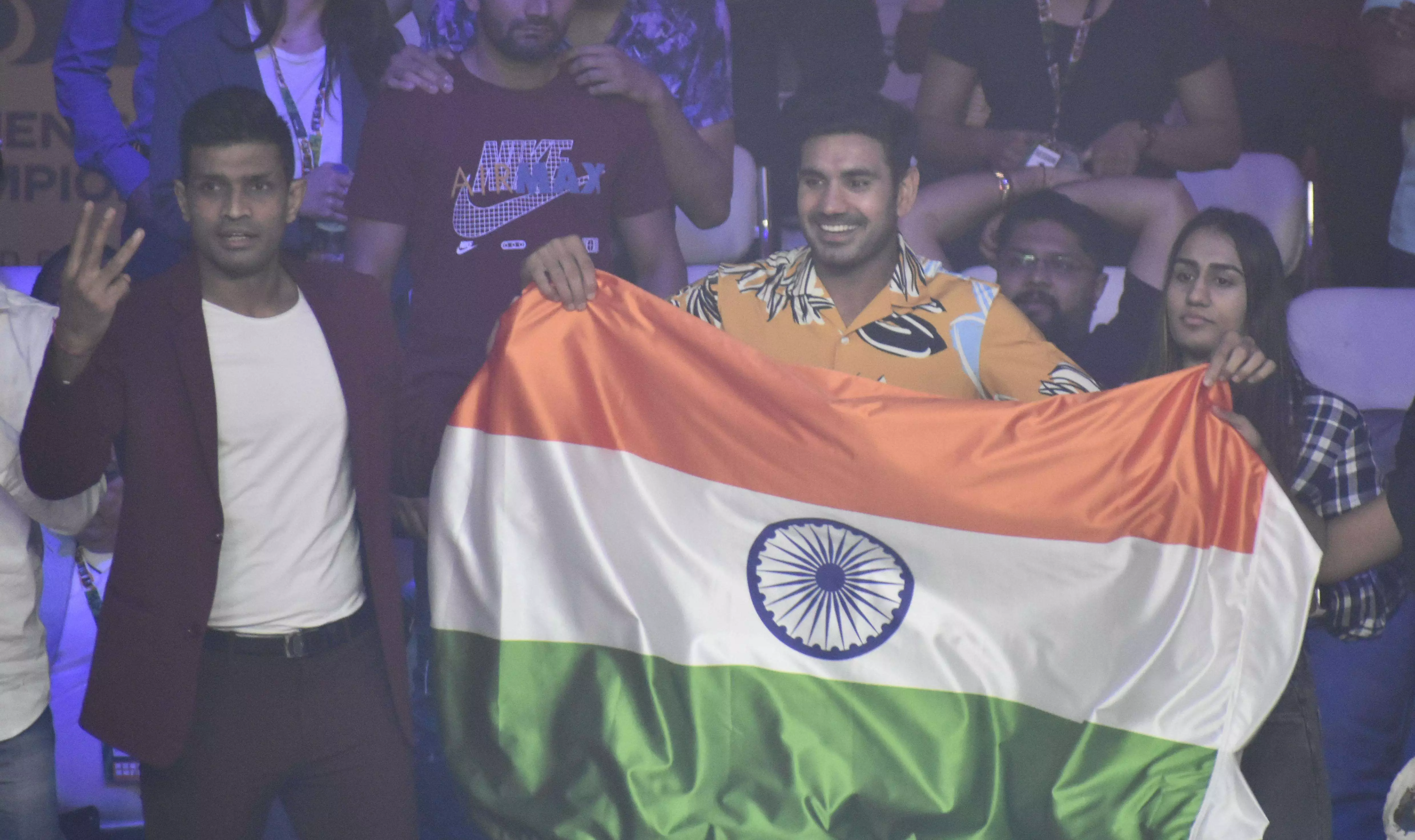 Kabaddi Star Deepak Hooda cheering during the final bout of Saweety Boora at Boxing World Championships. (PritishRaj/TheBridge)