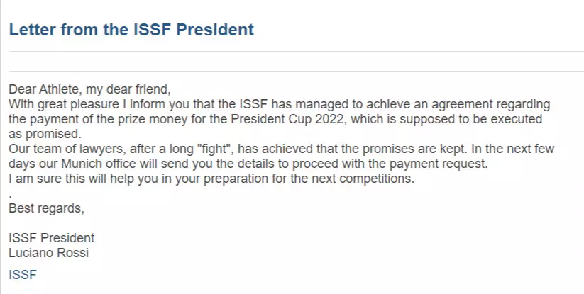 Here is a snapshot of the letter released by ISSF President.
