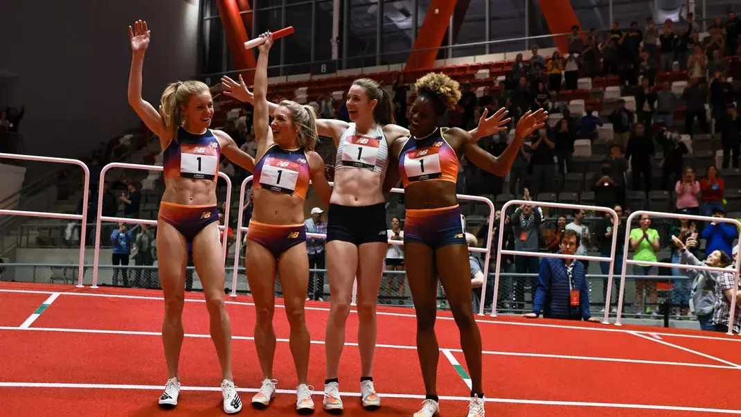 Elle Purrier St. Pierre, Heather MacLean, Kendall Ellis, and Roisin Willis set the world record for the Indoor Distance Medley Relay at THE TRACK on April 15, 2022 (Source: Womens Running)