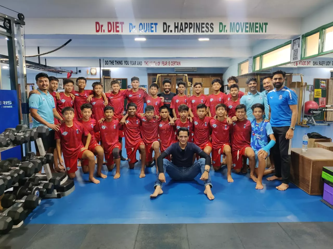 Minerva Academy FC U-14 boys with Ranjit Bajaj at the Sagar Diwan Athletics Training Centre in Chandigarh. (Photo credit: Special Arrangement) 