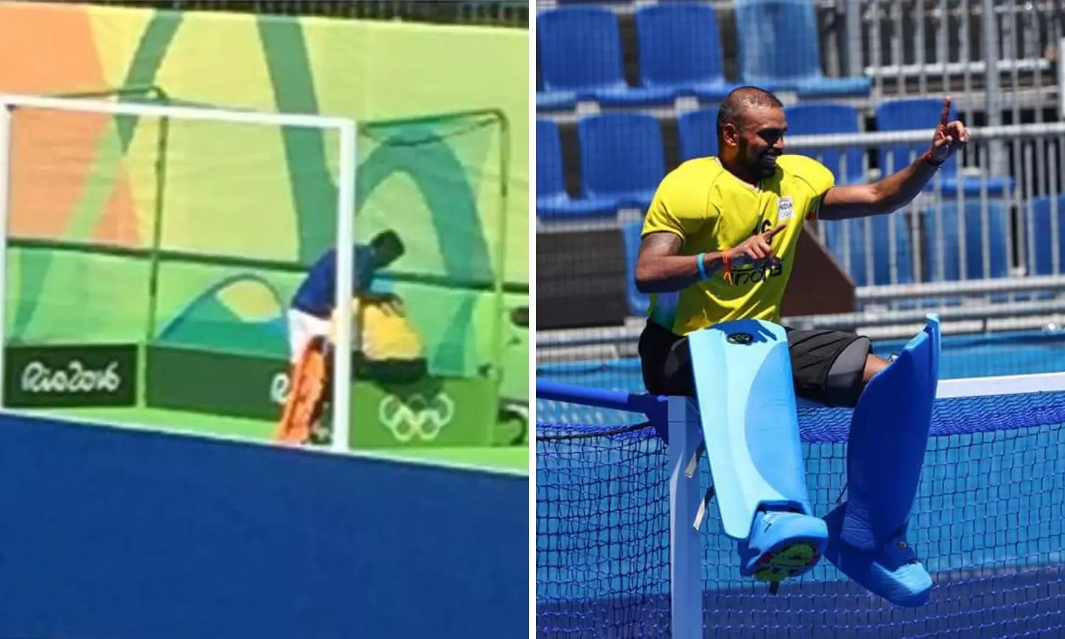 A tale of two pictures- Sreejesh crying inside goal post after 2016 Olympcis (left) and Sreejesh after winning bronze medal at Tokyo Olympics.