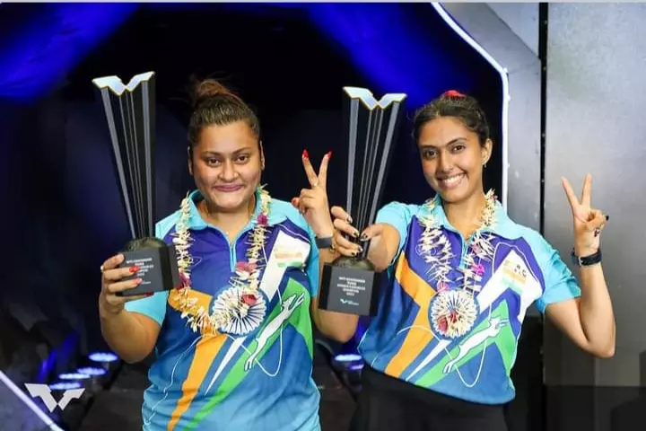 Sutirtha Mukherjee and Ayhika Mukherjee display their trophies after winning the WTT Contender Tunis womens doubles title in June 2023. (Photo credit: Special Arrangement)