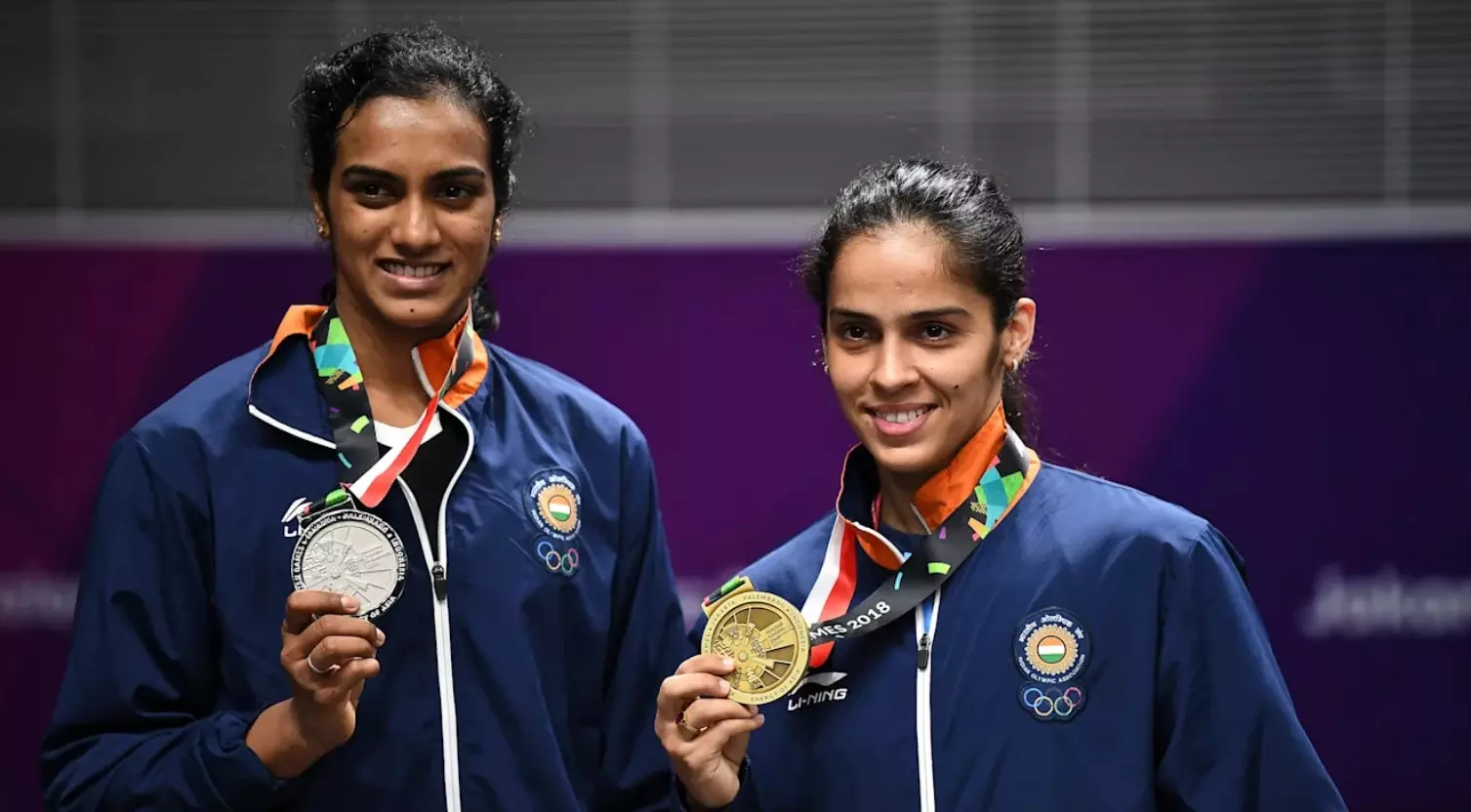 PV Sindhu and Saina Nehwal posing with their womens singles silver and gold medals at the 2018 Commonwealth Games in Gold Coast, Australia. 