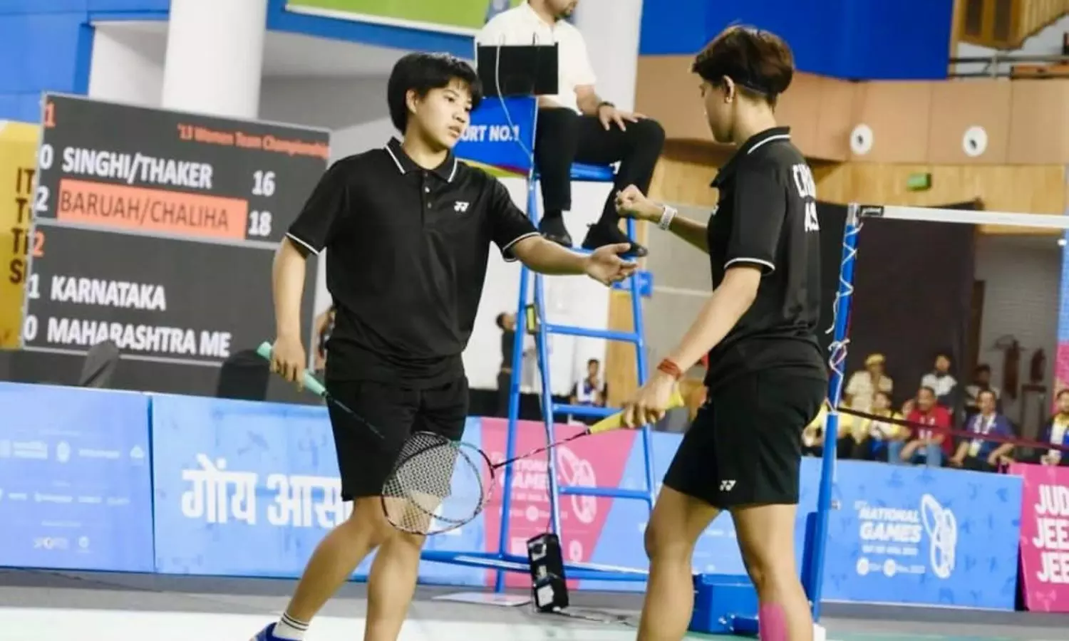 Isharani and Ashmita during a doubles match at the National Games in Goa in 2023.