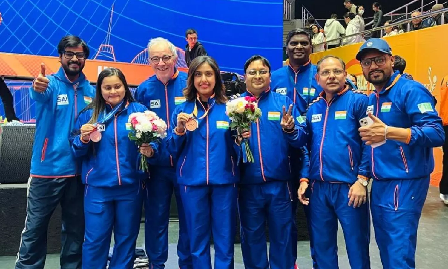 Indian support staff with womens doubles duo Sutirtha (left) and Ayhika. 