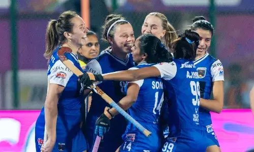 Soorma Hockey Club celebrate a goal against Delhi SG Pipers