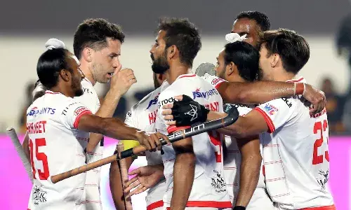 Soorma Hockey Club celebrate a goal against Rarh Bengal Tigers