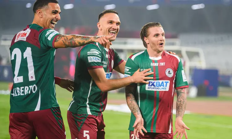 Mohun Bagan celebrating their goal against HFC