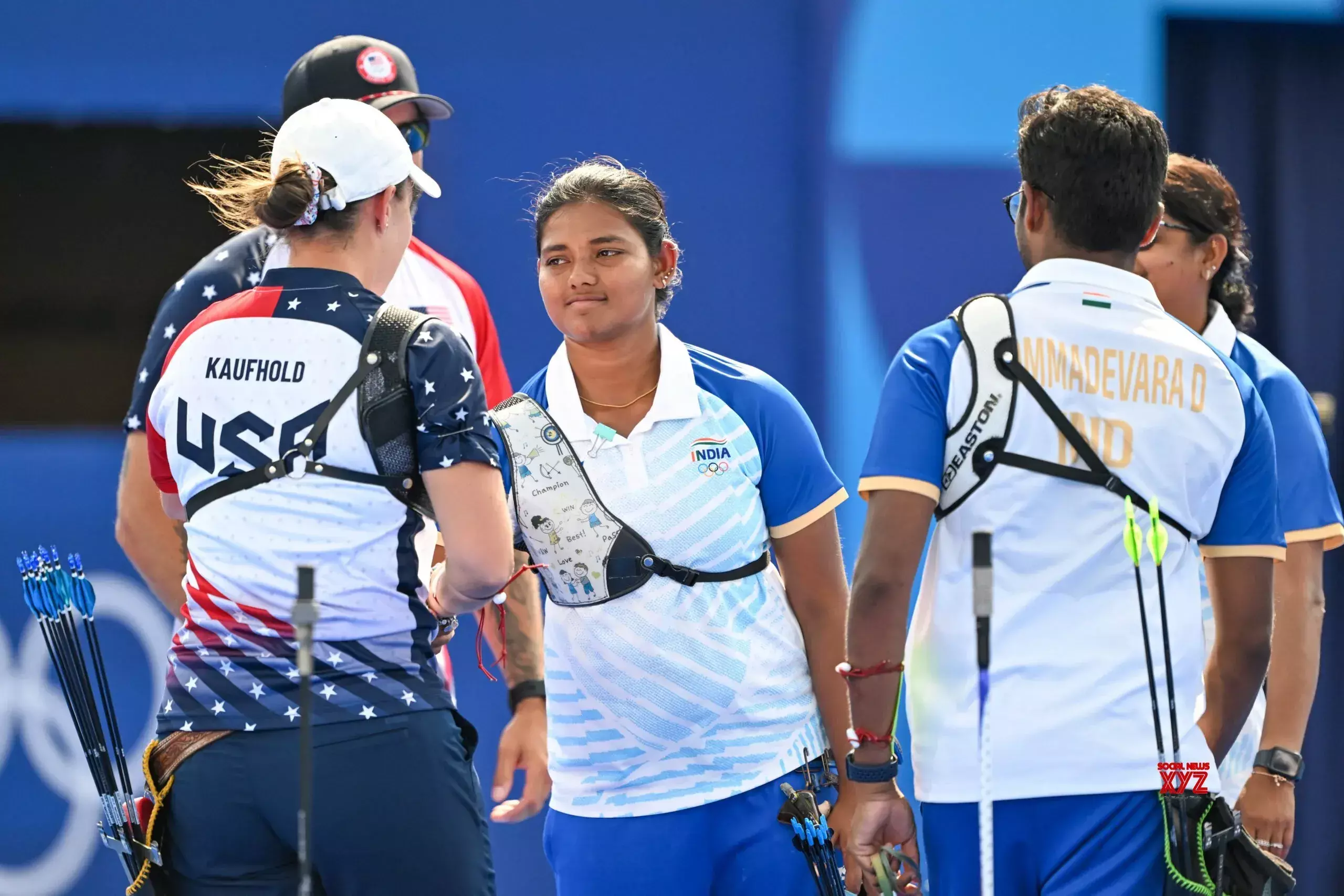 Indias Dhiraj Bommadevara and Ankita Bhakat lost the bronze medal match at the Paris Olympics against USAs Brady Ellison and Casey Kaufhold. (Photo Credit: socialnews.xyz) Indias Dhiraj Bommadevara and Ankita Bhakat lost the bronze medal match at the Paris Olympics against USAs Brady Ellison and Casey Kaufhold. (Photo Credit: socialnews.xyz)