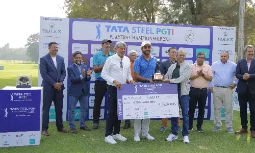 Yuvraj Sandhu (centre) won the 2025 PGTI season opener in Kolkata