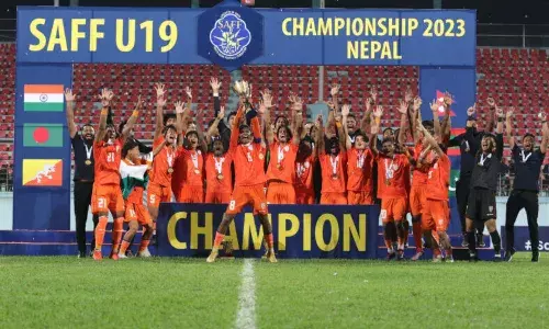 India celebrates after winning 2023 SAFF U19 Cships