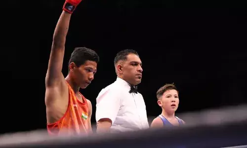Indian boxer Rudraksh Singh celebrates his win at 2025 Asian Boxing U15 & U18 Championships