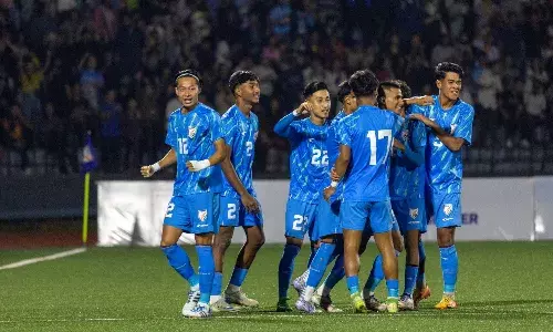 Indian football team celebrates after a goal in the 2025 SAFF U19 Championships Final against Bangladesh
