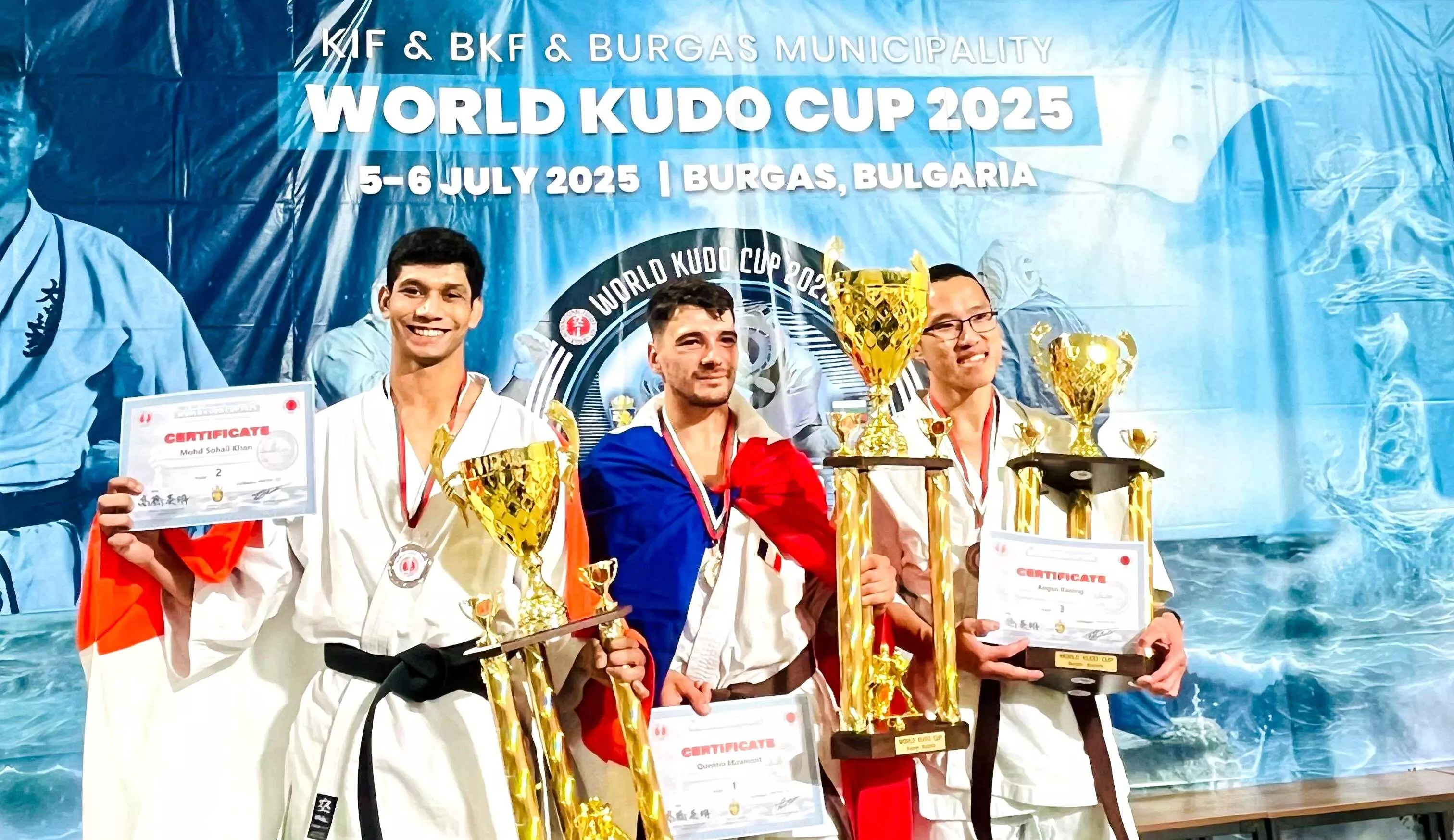 Khan (left) displays his medal at the Kudo World Cup 2025. (Photo credit: Special arrangement)