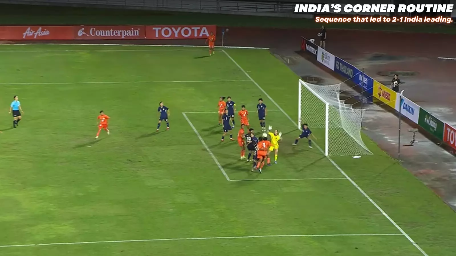 Nirmala delivered a looping corner to the far post, where India had stacked their key aerial threats. (Photo credit: YouTube/ Changseuk Official)