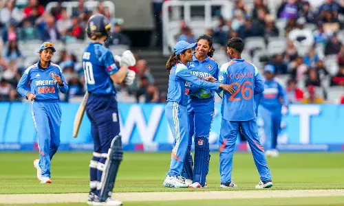 Indian womens cricket team celebrate a England wicket at Lords