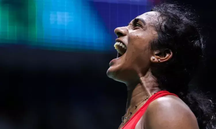PV Sindhu celebrates after winning against Tomoka Miyazaki at China Open Super 1000