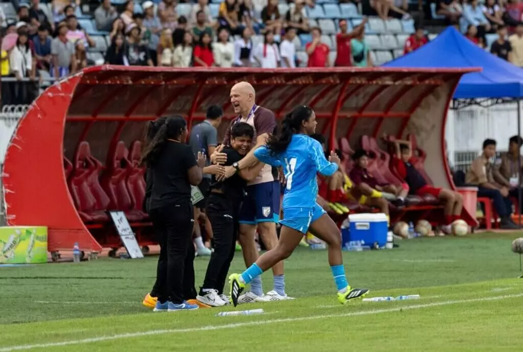 The Indian bench exults at full-time. (Photo credit: AIFF)