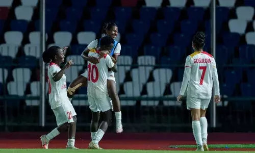 East Bengal celebrate their goal against Phnom Penh Crown FC at the AFC Women