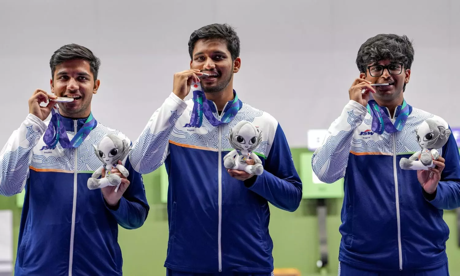 Parth Mane (left most) on the podium with teammates Rudrankksh Patil (centre) and Himanshu Dhillon after winning mens 10m air rifle silver (Photo credit: PTI)