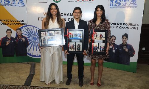 SRFI felicitates gold medallists in squash world doubles championship