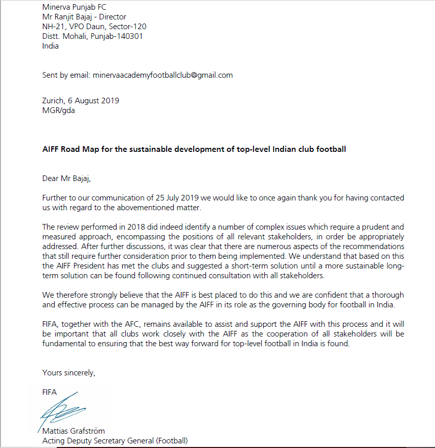 World football's governing body FIFA's letter to Minerva FC President Ranjit Bajaj