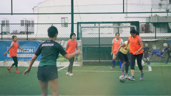The women of Sisters in Sweat practice football together every Sunday with Tanvie Hans and Swetha Subbia. Pic: ‘DD’ Grace Madigan 