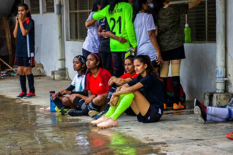  A group of girls await their turn at the Karnataka state women’s team trials. Pic: ‘DD’ Grace Madigan 