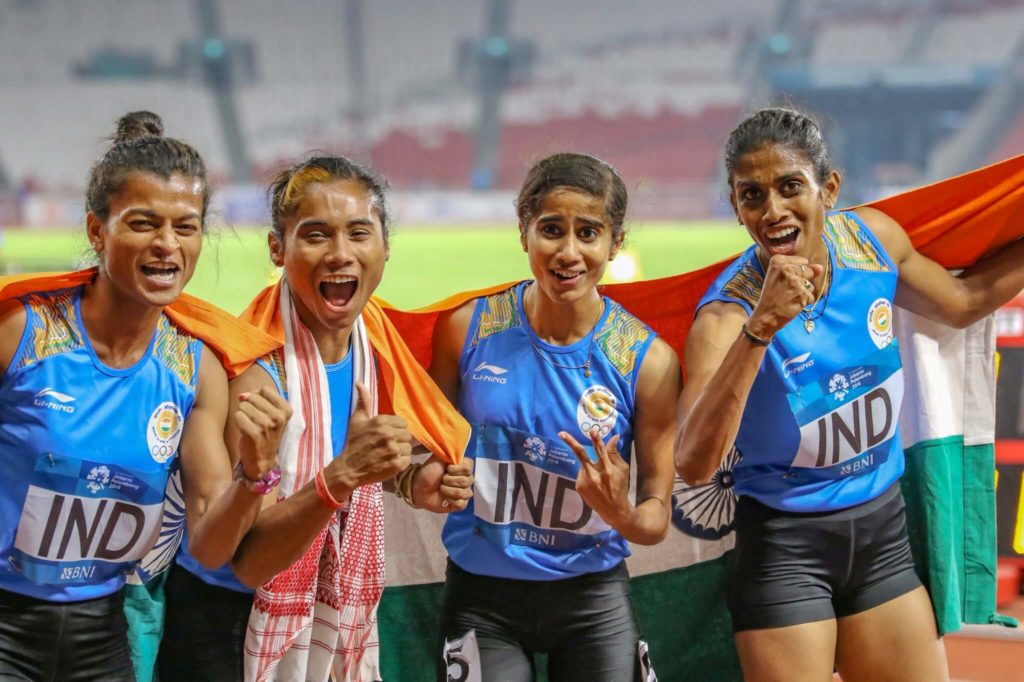 The women's relay team at Asian Games 2018 which won gold